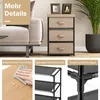 A lifestyle shot of a 3-drawer fabric dresser next to a sofa, with close-up shots of its features. Podgląd zdjęcia produktu