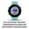 A close-up of a turquoise Garmin Forerunner 55 smartwatch displaying a training suggestion on its screen. Podgląd zdjęcia produktu