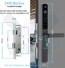 A diagram showing the dimensions of a smart lock mortise and its installation on a door. Náhled obrázku produktu