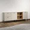 A modern sideboard with two drawers and two cabinet doors, featuring an open shelving section with wooden accents, set against a plain wall. Produktbild-Vorschau