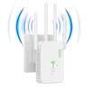 A white WiFi range extender with four antennas is plugged into a wall outlet. Blue wavy lines emanate from the device, indicating WiFi signal. Produktbild-Vorschau