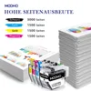 A marketing image showing printer ink cartridges next to stacks of paper with charts and graphs, indicating high page yield. Produktbild-Vorschau