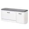 A white shoe bench with a gray cushioned seat and black handles sits against a white background. Voir les images du produit