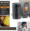 A collage of images showing a Brandson heater, its packaging, safety features, and a lifestyle shot of a girl with a cat. Produktbild-Vorschau