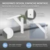 Diagram showing features and dimensions of white metal shelf brackets. Produktbild-Vorschau