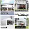 A collage of four images showing different uses of a white carport/tent garage. Produktbild-Vorschau