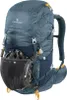 A blue hiking backpack with a helmet attached to the front. Produktbild-Vorschau