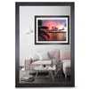 A living room scene with a pink sofa, coffee table, and a framed picture on the wall, reflected in a large mirror. Produktbild-Vorschau