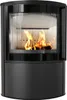 A black steel fireplace with a glass door and burning logs inside, set against a white background. Produktbild-Vorschau