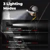 A person wearing a hard hat with a headlamp is shown in a dark environment, with graphics detailing the headlamp's lighting modes. Produktbild-Vorschau