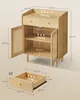 A 3D render of a wooden cabinet with open doors and drawers, showing dimensions and weight capacities. Náhled obrázku produktu