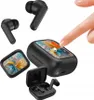 A collage of black wireless earbuds and their charging case, with a finger interacting with the case's display. Produktbild-Vorschau