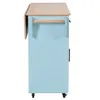 Side view of a light blue kitchen cart with a wooden drop-leaf extension. Produktbild-Vorschau
