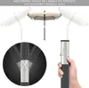A hand is shown adjusting a beige umbrella with a silver mechanism. The umbrella is shown in different positions, and a close-up of the adjustment mechanism is also provided. Produktbild-Vorschau