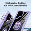 Close-up of two transparent purple phone cases with metallic accents, showing camera modules and a ring holder. Produktbild-Vorschau