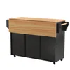 A black kitchen island with a wooden drop-leaf countertop and a wooden towel bar on the side. Voir les images du produit