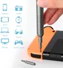 A hand is using a precision screwdriver to work on an orange and black electronic device, likely a game console. Icons representing various electronic devices are displayed on the left side of the image. Produktbild-Vorschau
