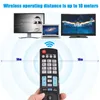 A remote control is shown in the foreground, with three electronic devices (a monitor, a laptop, and a TV) in the background, illustrating wireless operating distance. Náhľad obrázku produktu