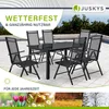 A garden furniture set on a patio with trees in the background and seasonal images at the bottom. Produktbild-Vorschau