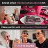 A collage showing women enjoying a 'murder mystery' themed party, with close-ups of the game box and people wearing novelty glasses. Produktbild-Vorschau