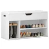 A white shoe cabinet with a cushioned top, featuring shelves and compartments for shoes and boots. Produktbild-Vorschau