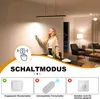A woman is interacting with a light fixture in a modern living room setting, with various switch options illustrated below. Produktbild-Vorschau