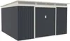 A dark gray garden shed with a white roof and trim, featuring a large sliding door. Produktbild-Vorschau