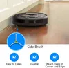 A robot vacuum cleaner is shown cleaning a floor near a wall, with a close-up of a side brush and feature icons below. Náhľad obrázku produktu