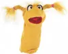 A yellow sock puppet with braided blonde hair and pink ties, with large eyes and an open mouth showing a red tongue. Produktbild-Vorschau