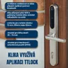 A smart door lock with descriptive text boxes highlighting its features, placed next to a brick wall and a wooden door. Náhľad obrázku produktu