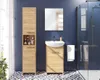A bathroom vanity with a sink, mirror, and storage cabinet, next to a tall storage cabinet and a shower stall. Podgląd zdjęcia produktu