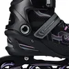 Close-up view of a black and purple inline skate. Voir les images du produit