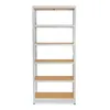 A tall, five-shelf metal storage rack with light gray metal frames and light brown shelves, presented against a plain white background. Náhled obrázku produktu
