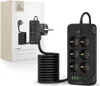 A black multi-plug power strip with USB ports and its packaging are shown against a white background. Produktbild-Vorschau