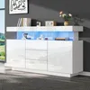 A modern white sideboard with blue LED lighting, displayed in a room setting with a window and artwork on the wall. Produktbild-Vorschau