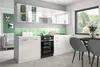 A modern, high-gloss white kitchen with green hexagonal backsplash tiles, a black oven, and a dining area with gray chairs and a wooden table. Náhled obrázku produktu