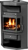 A dark gray corner wood-burning stove with a glass door showing a fire inside. Anteprima dell’immagine prodotto
