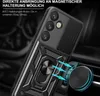 A close-up of a black phone case with a ring holder and camera cover, shown attached to a car vent mount. Produktbild-Vorschau