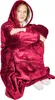 A woman wearing a burgundy hooded blanket poncho. Náhled obrázku produktu