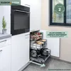 A kitchen cabinet with a pull-out drawer system filled with kitchenware and pantry items. Produktbild-Vorschau