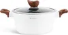 A white pot with a glass lid and wooden handles and knob. Produktbild-Vorschau