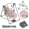 A collage of images showing a pink baby swing with a baby in it, close-ups of the swing's features, and a folded version of the swing. Produktbild-Vorschau