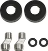 A set of plumbing fixtures, including two black decorative escutcheons and two angled metal adapters, arranged on a white background. Podgląd zdjęcia produktu