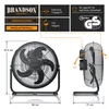 Diagrams and text illustrating the features and dimensions of a Brandson wind machine fan. Náhled obrázku produktu