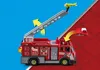 A toy fire truck with a ladder extended, shown against a split blue and red background with yellow arrows indicating movement. Produktbild-Vorschau