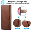 A marketing image showing a brown leather phone case with magnetic closure, highlighting its features with close-up shots and text. Produktbild-Vorschau