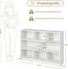 A diagram showing the dimensions of a white bookshelf, with an illustration of a person for scale. Voir les images du produit