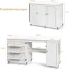 Two images showing a white folding sewing table/cabinet with dimensions indicated by text and lines. Podgląd zdjęcia produktu