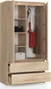 An open wardrobe with clothes hanging inside and shelves with boxes. Produktbild-Vorschau