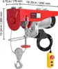 A red electric hoist with a remote control, shown against a white background with dimensions indicated. Voir les images du produit